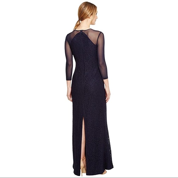 NWT Adrianna Papell Navy Blue Lace Modified Long Mermaid Formal Illusion Gown - Picture 3 of 4